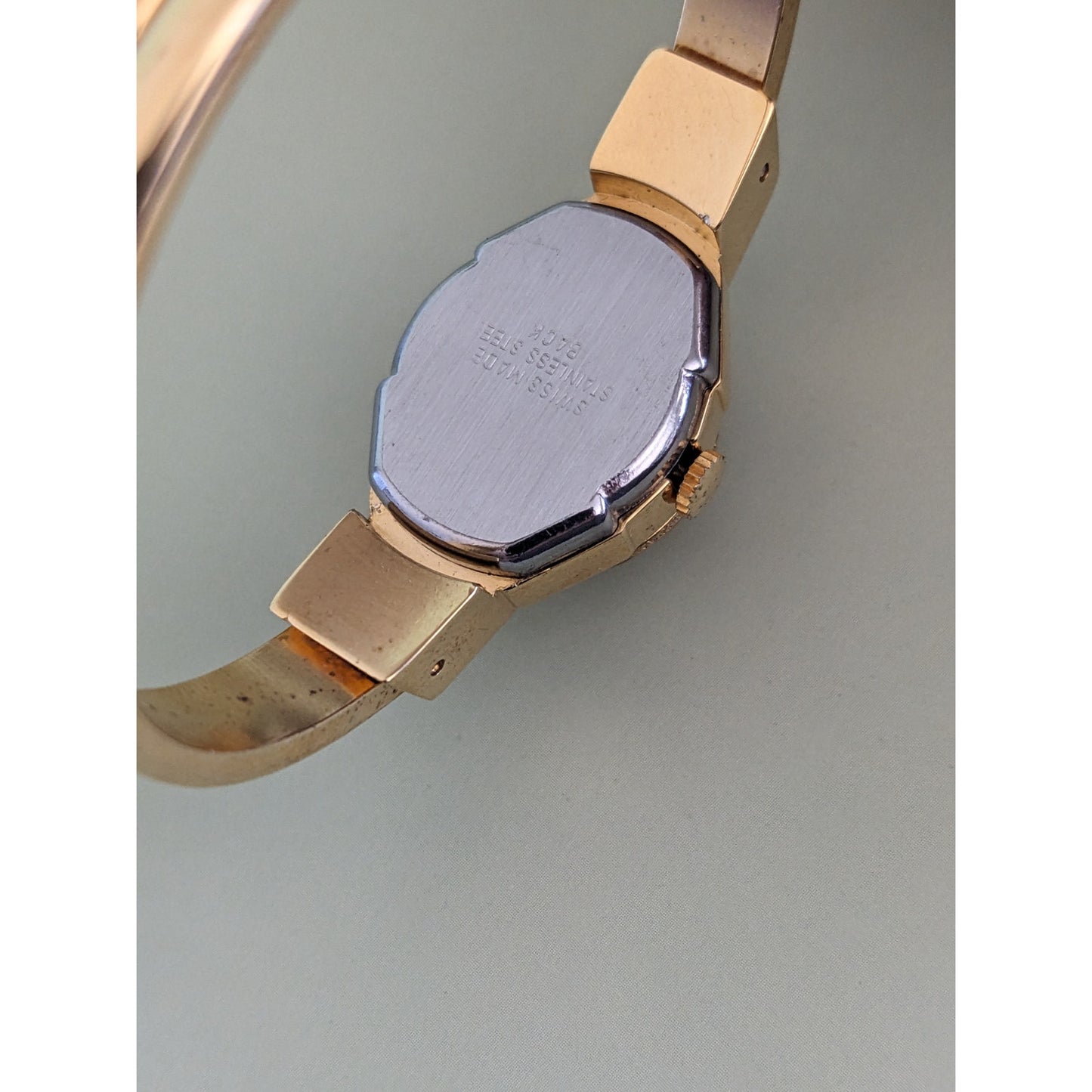 Vintage Hanowa Swiss Gold Tone Metal Bangle Watch with Flower Rhinestone