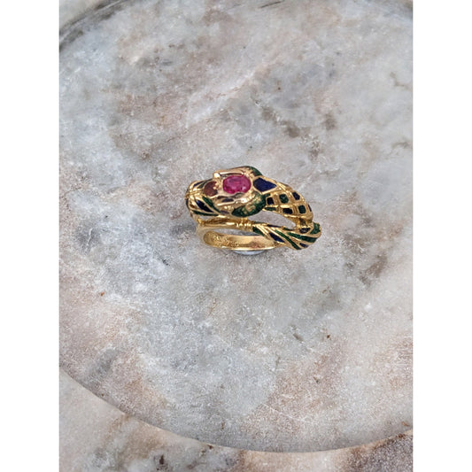 FLAW Vintage 18k Yellow Gold Multicolor Enamel Snake Ring Red Stone Size 7.75