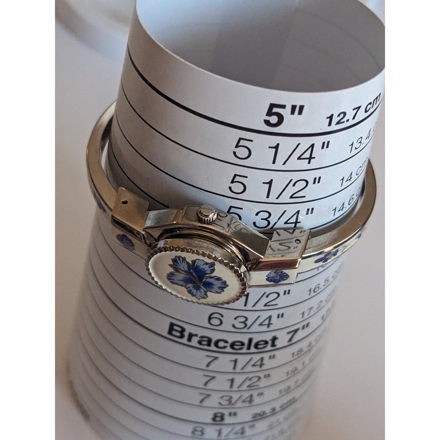 Vintage Andre Mouche Silver Tone Bangle Watch White Enamel Blue Flowers
