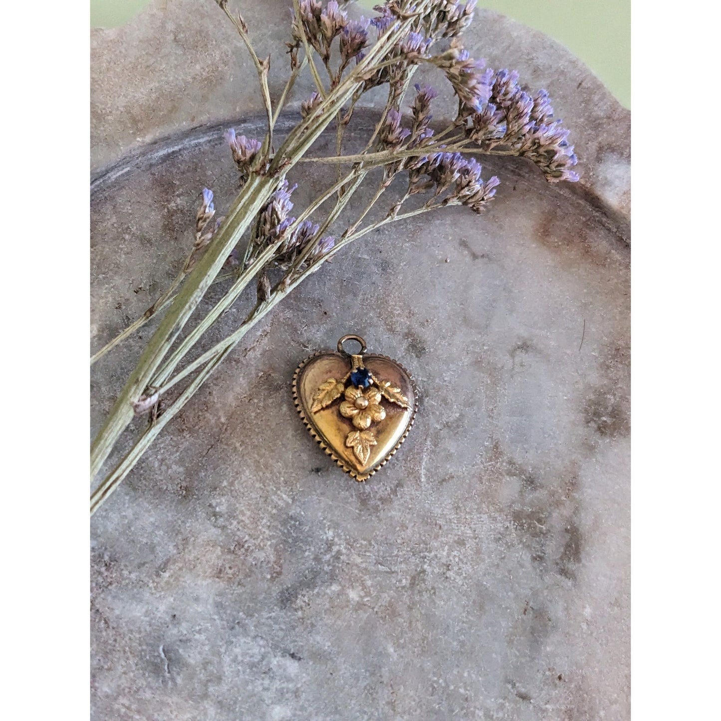 Vintage Unmarked 10k Gold Heart Pendant with Flower and Blue Stone