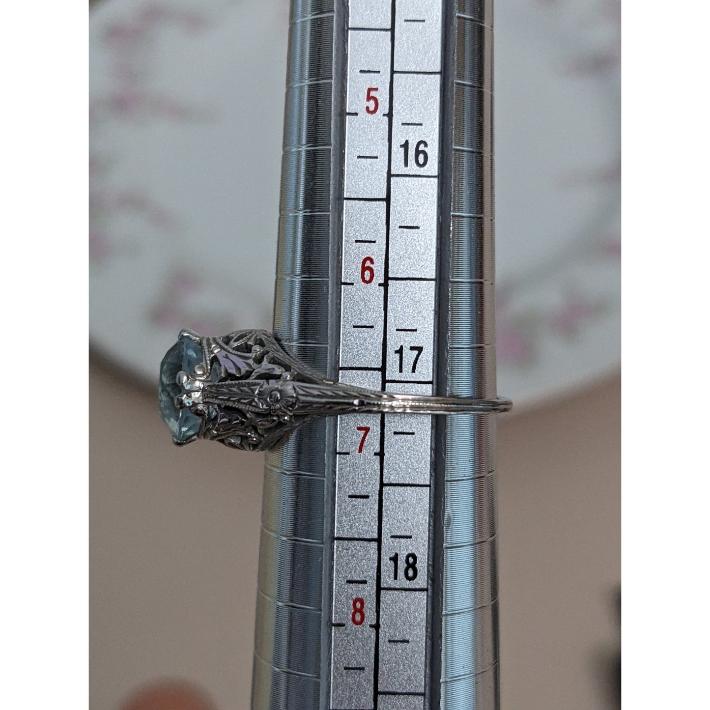 Vintage 18k White Gold Light Blue Gem with Filigree Design Ring Size 6.75 US