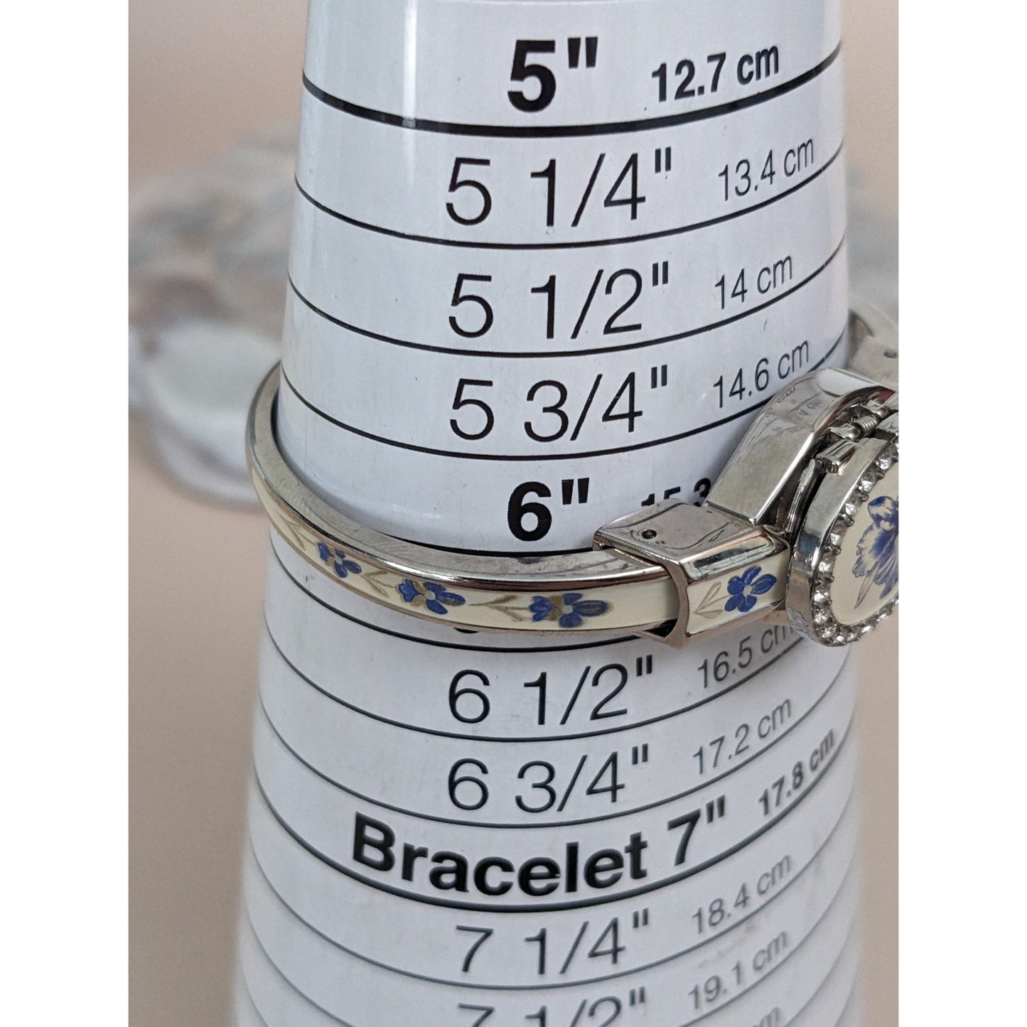 Andre Mouche Silver Tone Peek a Boo Watch Blue Floral Enamel White Gems Working