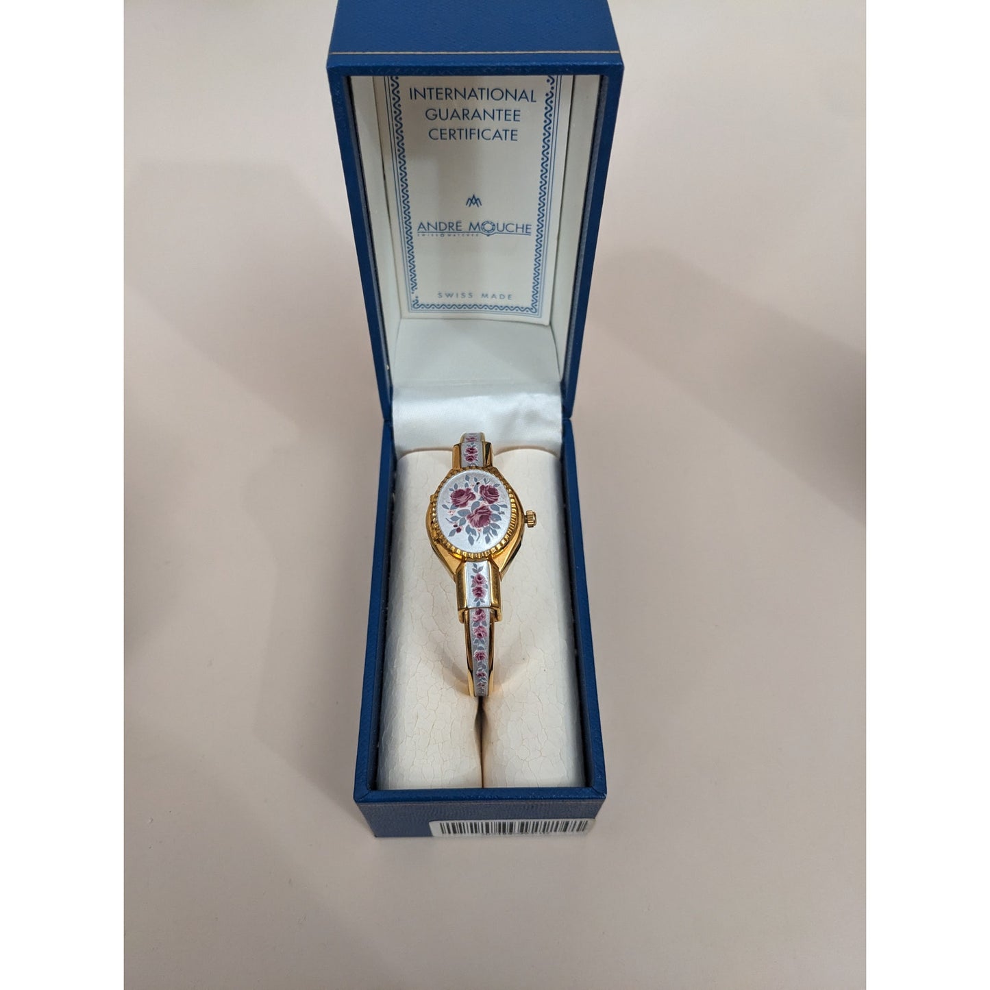 Vintage Andre Mouche Gold Tone Peekaboo Watch Grey Enamel Purple Flowers