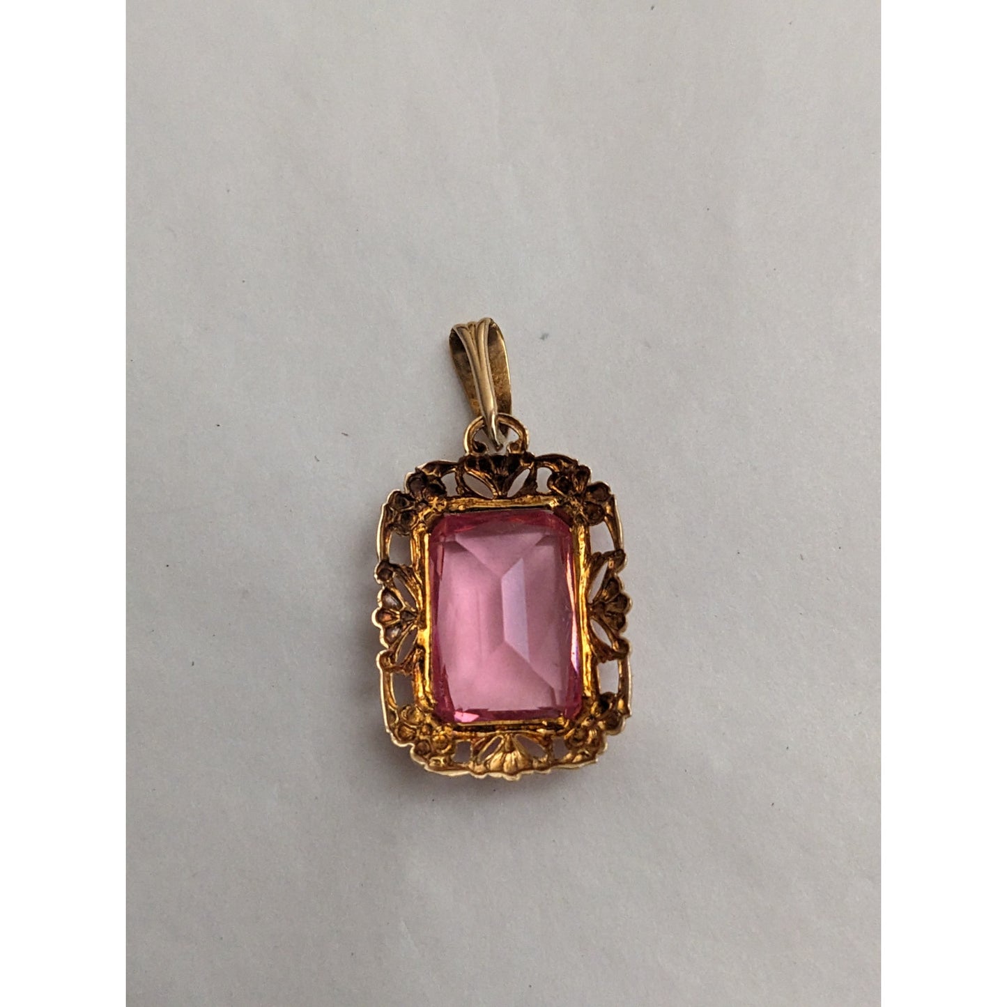 Vintage Pendant 10k Yellow Gold Rectangular Faceted Pink Stone