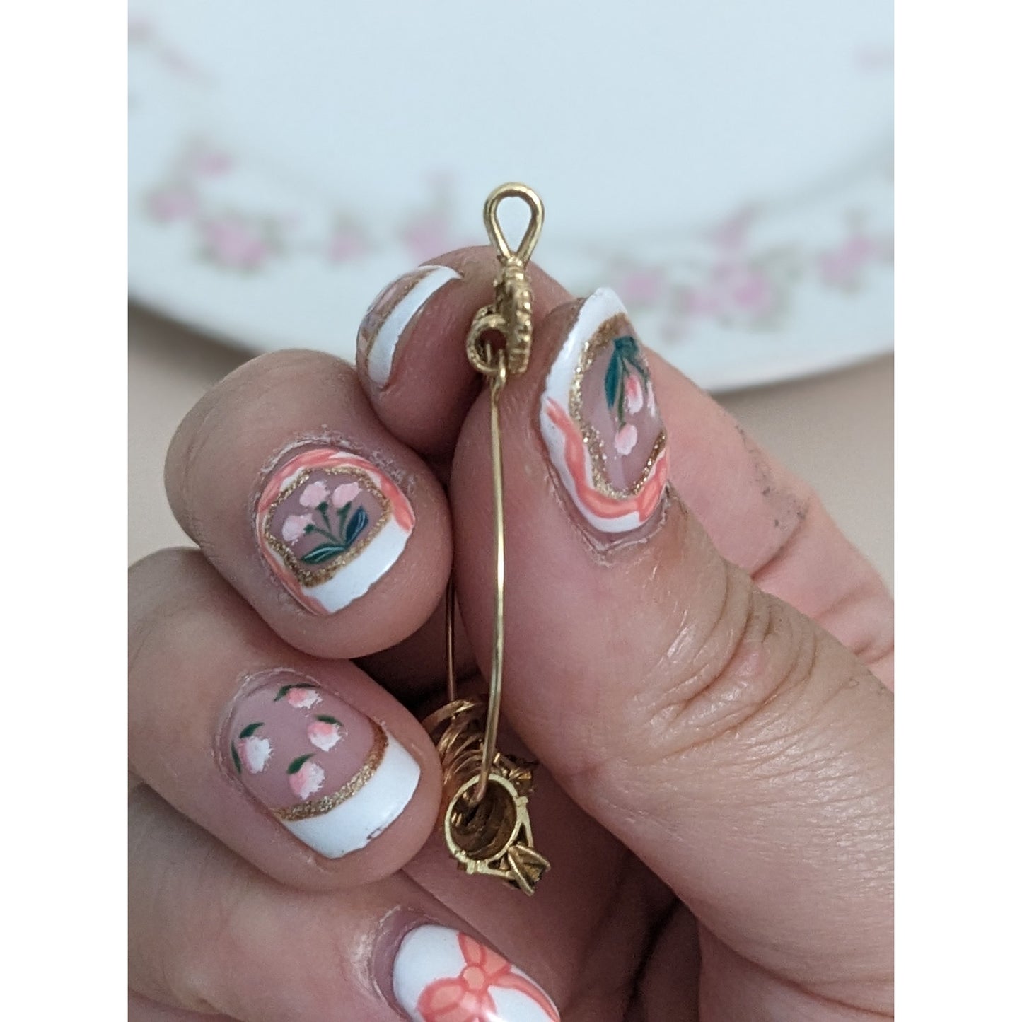 Vintage 14k Gold Double Hearts Charm Holder Pendant with 6 Mini Ring Charms