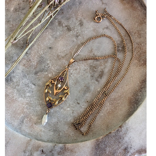 FLAW Antique 10k Gold Curb Chain Necklace with Purple Stone & Pearl Pendant