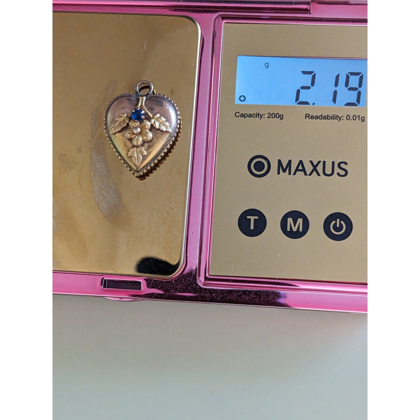 Vintage Unmarked 10k Gold Heart Pendant with Flower and Blue Stone