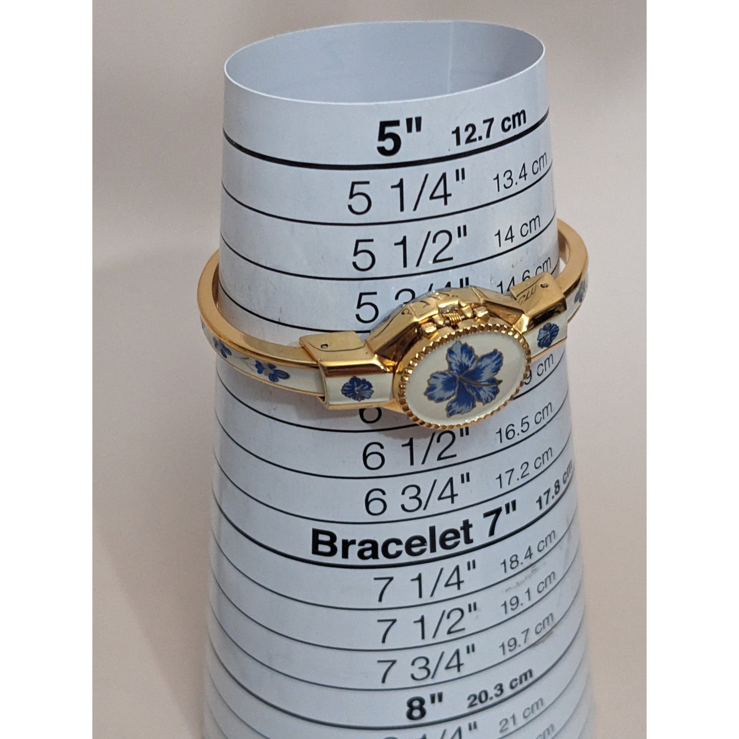 Vintage Andre Mouche Gold Tone Peekaboo Watch White Enamel Blue Flowers