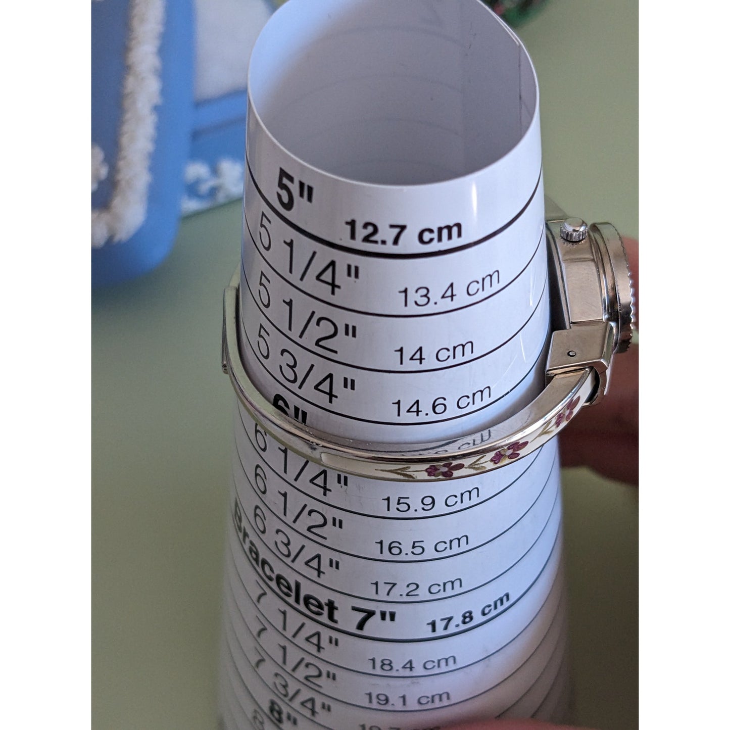 Vintage Andre Mouche Peekaboo Bangle Watch White Enamel Purple Flowers