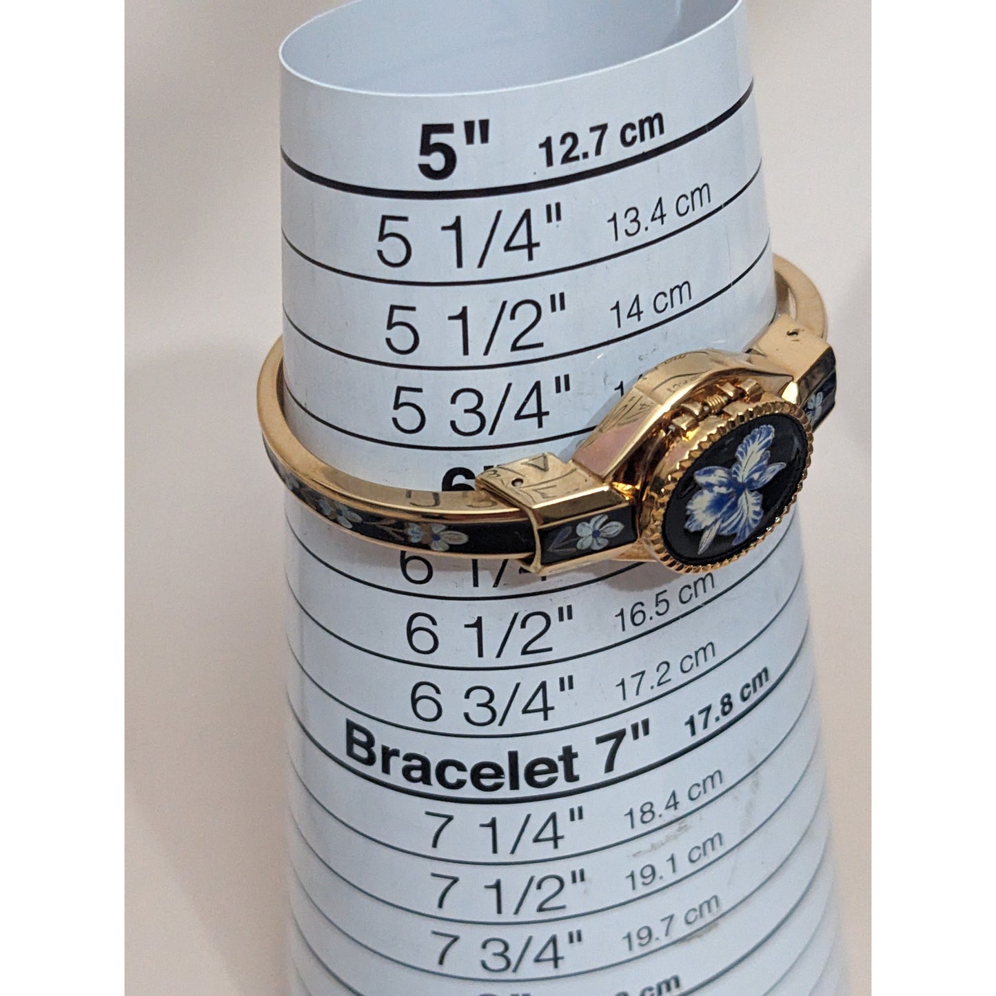 Vintage Andre Mouche Gold Tone Peekaboo Watch Blue and White Floral Enamel Black