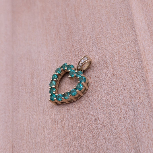 Estate 10k Yellow Gold Green and White Stone Mini Heart Pendant