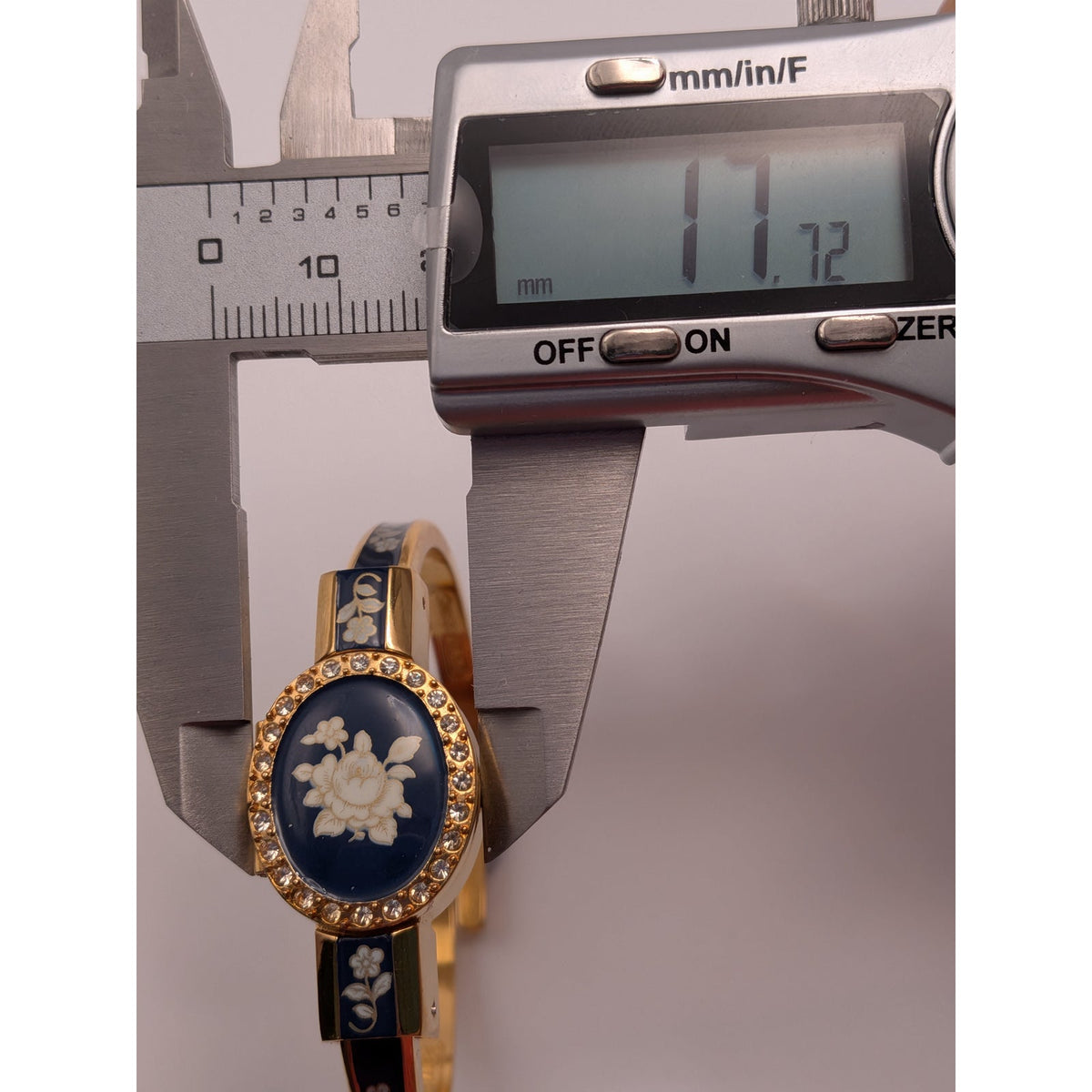 Vintage Andre Mouche Gold Tone Peekaboo Watch Blue Enamel White Flowers & Stones