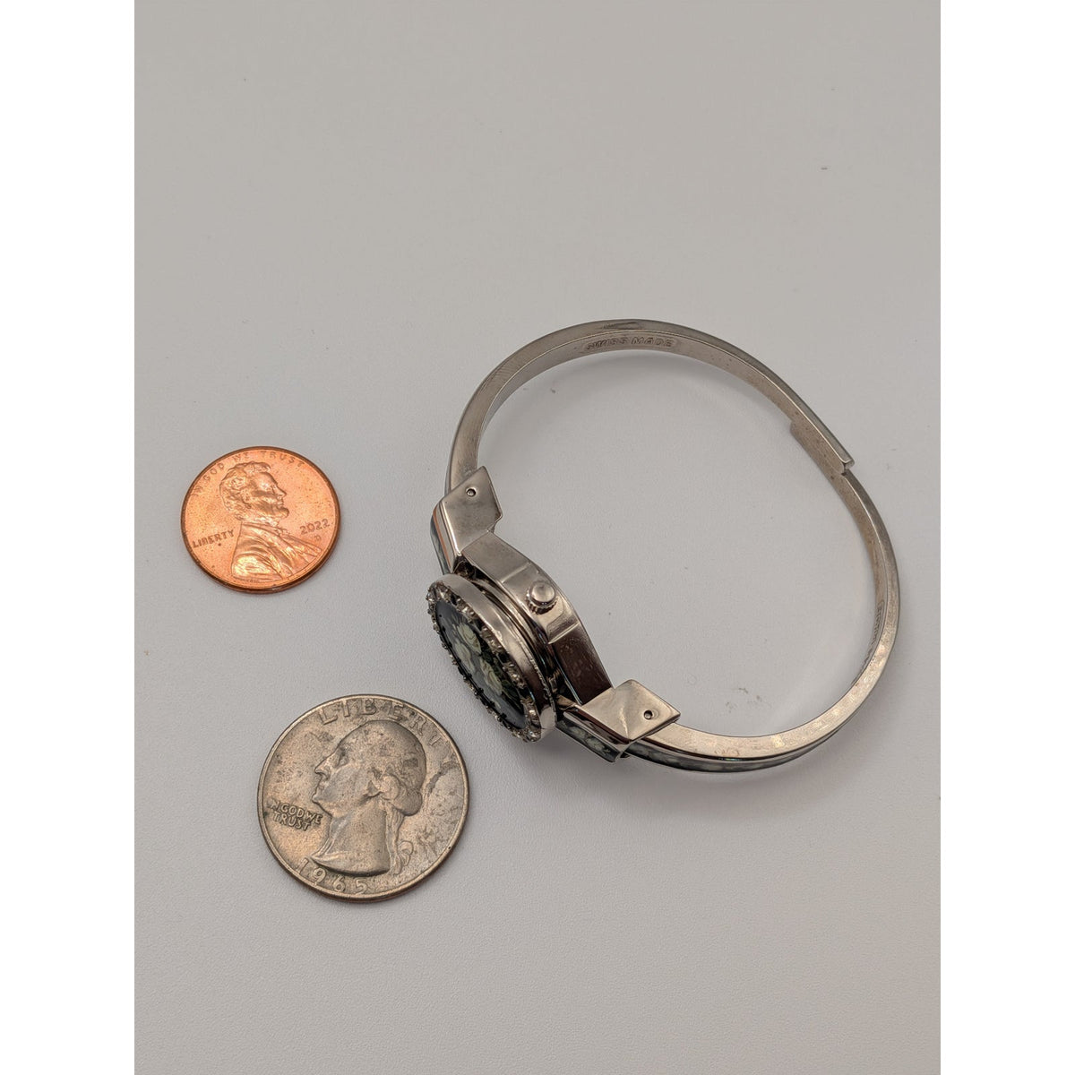 Andre Mouche Silver Tone Bangle Peekaboo Watch Black Enamel White Roses & Stones