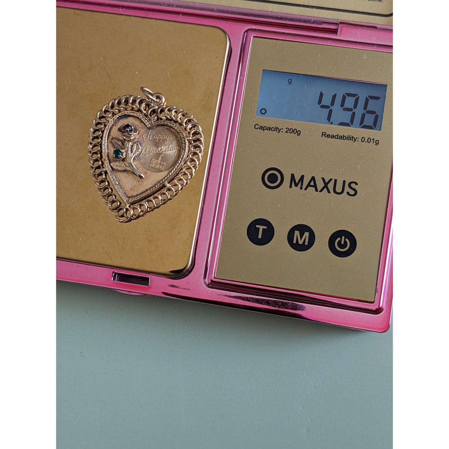 Vintage 14k Yellow Gold Jeweled "Happy Birthday" with Flower Pendant