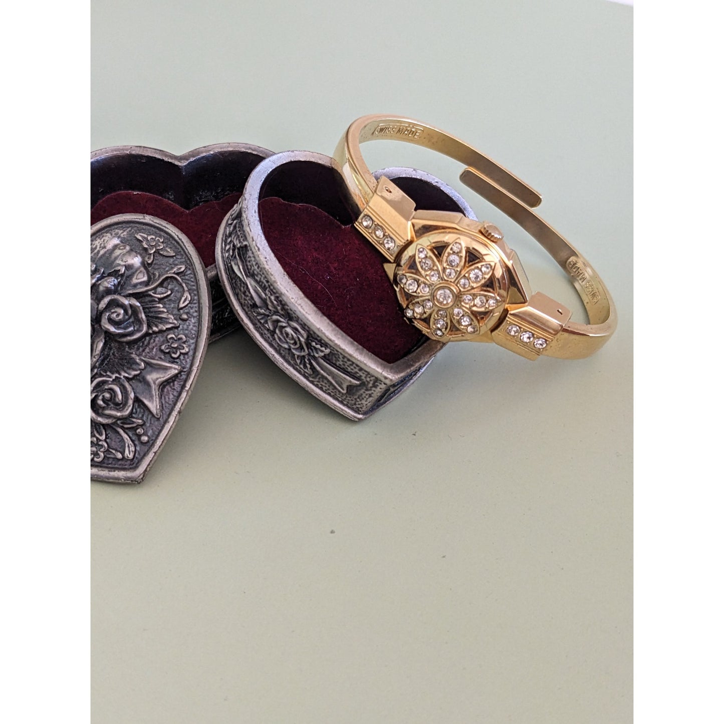 Vintage Hanowa Swiss Gold Tone Metal Bangle Watch with Flower Rhinestone