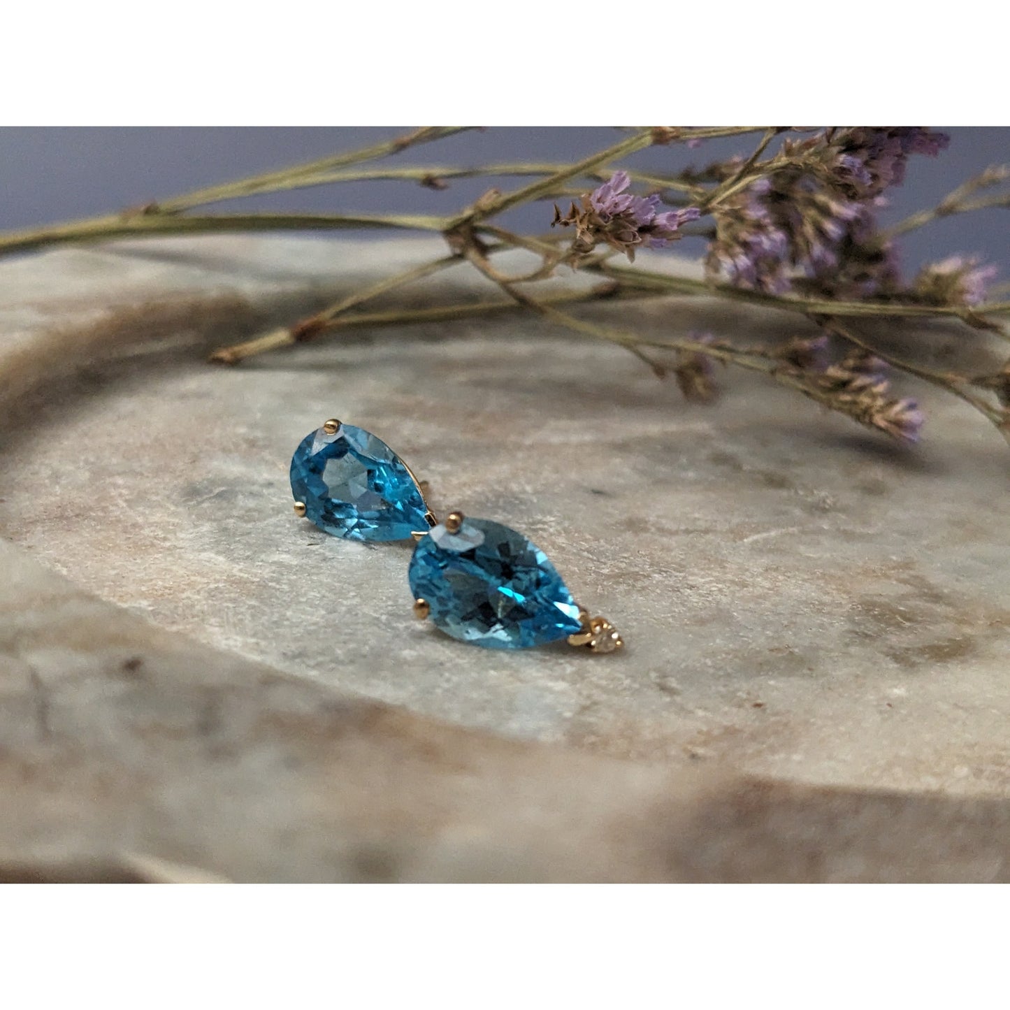 Estate Blue Gem 14k Yellow Gold Pear Shaped Studs with Diamond Accent