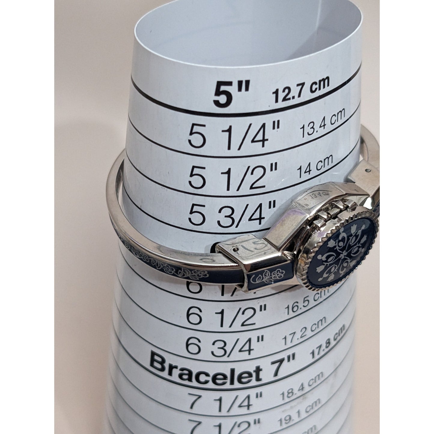 Vintage Andre Mouche Silver Tone Peekaboo Watch Dark Blue Enamel Silver Flowers