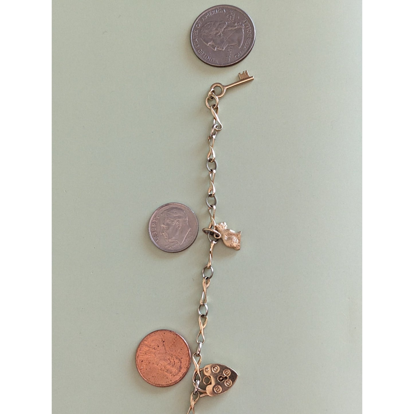 Estate 14k Yellow Gold Chain Bracelet 6in with Heart Cat Key Charms