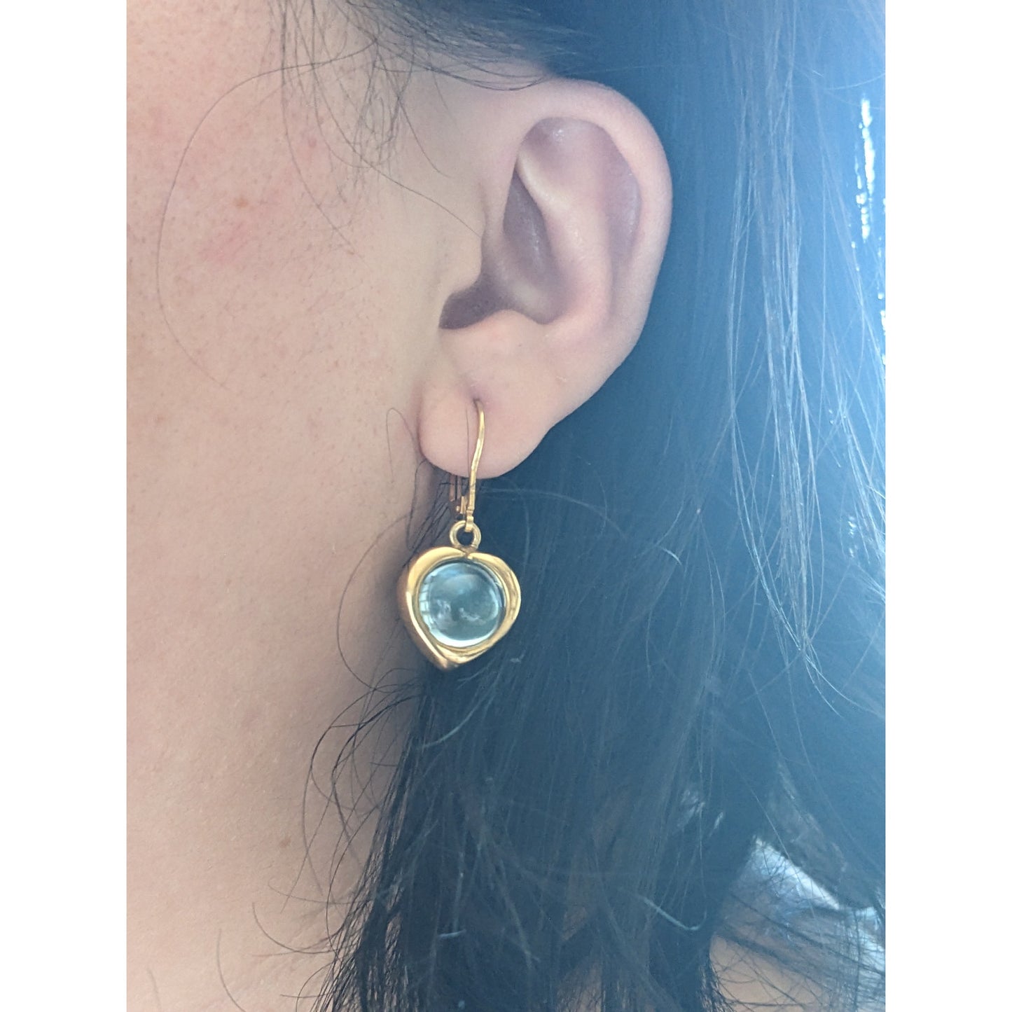 Vintage 18k Italy Heart Drop Earrings 10mm Round Blue Topaz Cabs