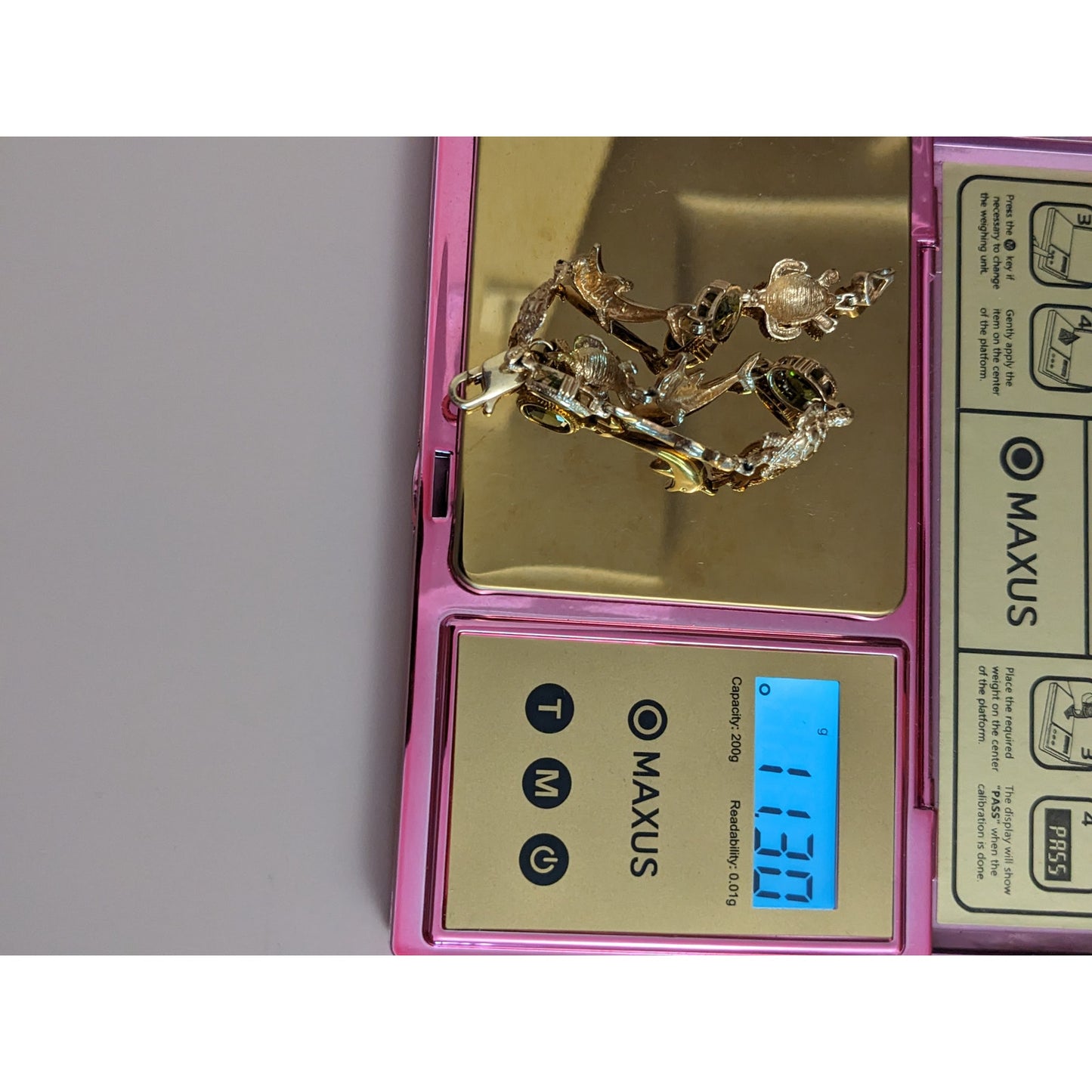 Vintage 14k Yellow Gold Peridot Turtle and Dolphin Bracelet 7.5in