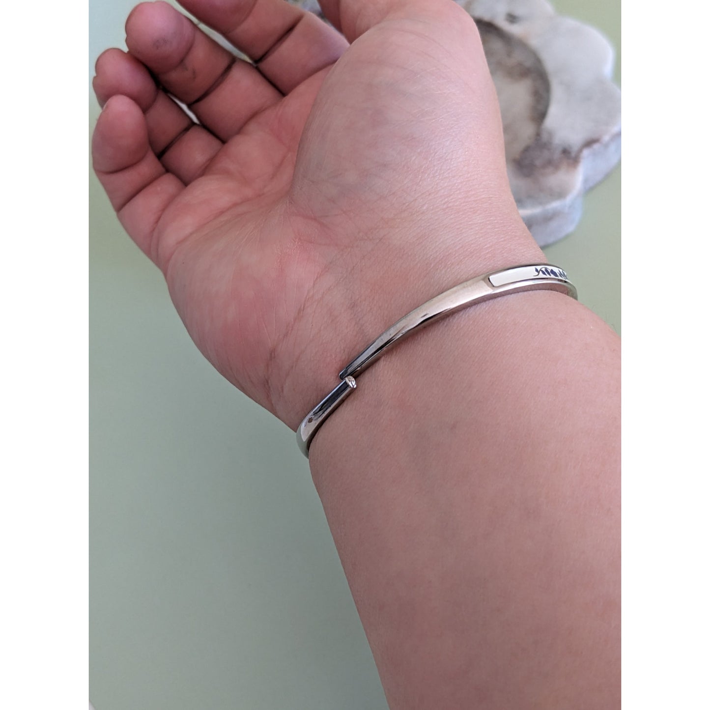 Vintage Andre Mouche Silver Tone Bangle Watch with Blue Floral Enamel Working