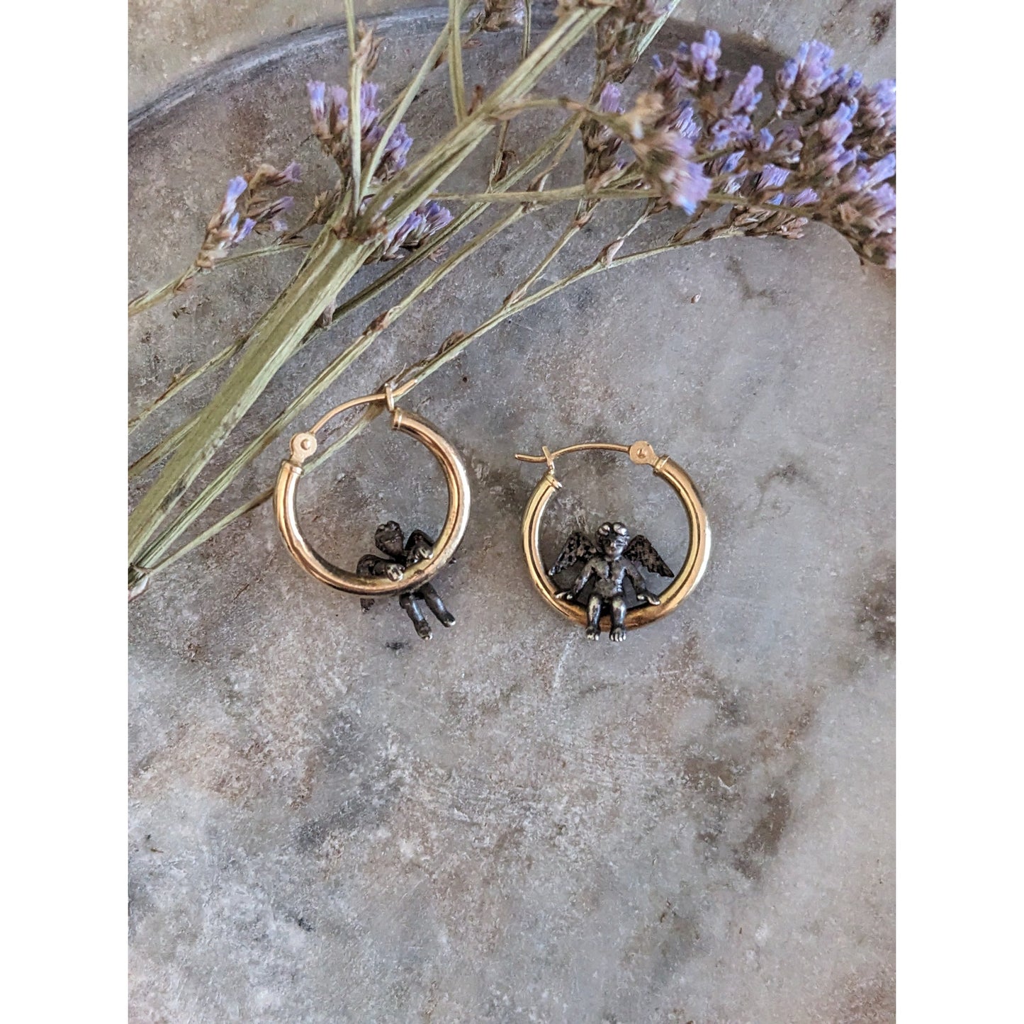 Vintage 14K Yellow Gold Hoop Earrings Seated/Dangling 925 Angels Lever-backs