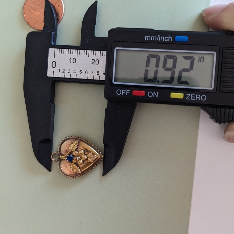 Vintage Unmarked 10k Gold Heart Pendant with Flower and Blue Stone