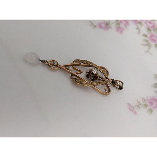 Antique Vintage Unmarked 10k Yellow Gold Glass & Seed Pearl Pendant