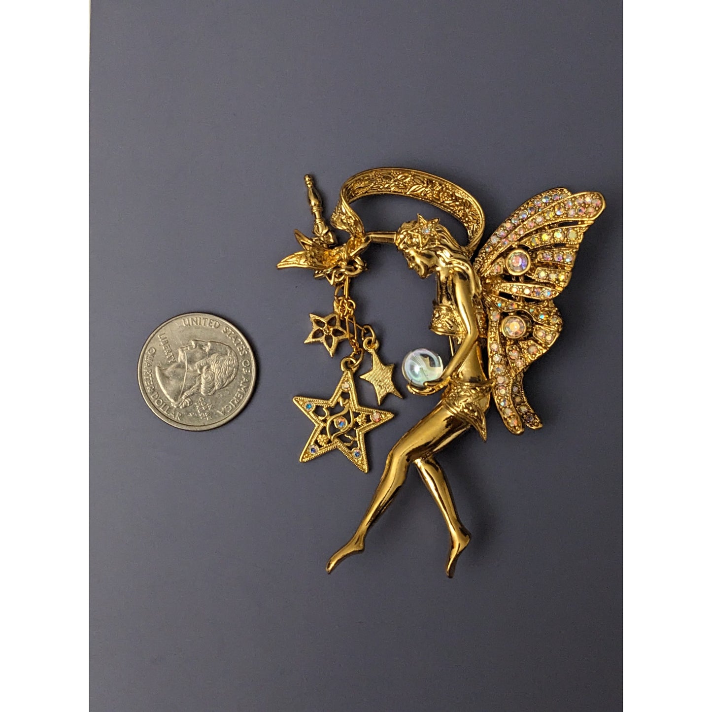 Vintage Kirks Folly Goldtone Fairy Angel Brooch Pin with Stars