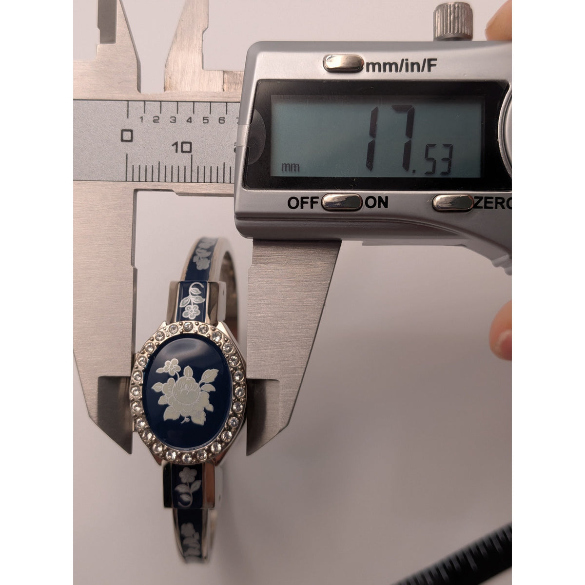 Vintage Andre Mouche Silver Tone Peekaboo Watch Blue Enamel White Flowers w/Box