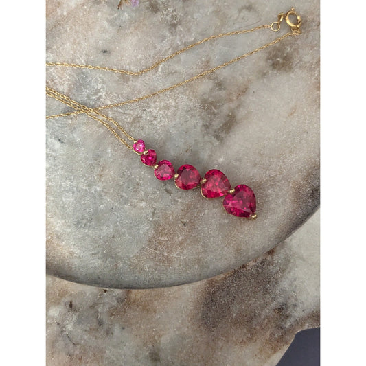 Estate 10k Yellow Gold Simulated Heart Rubies Pendant and Necklace
