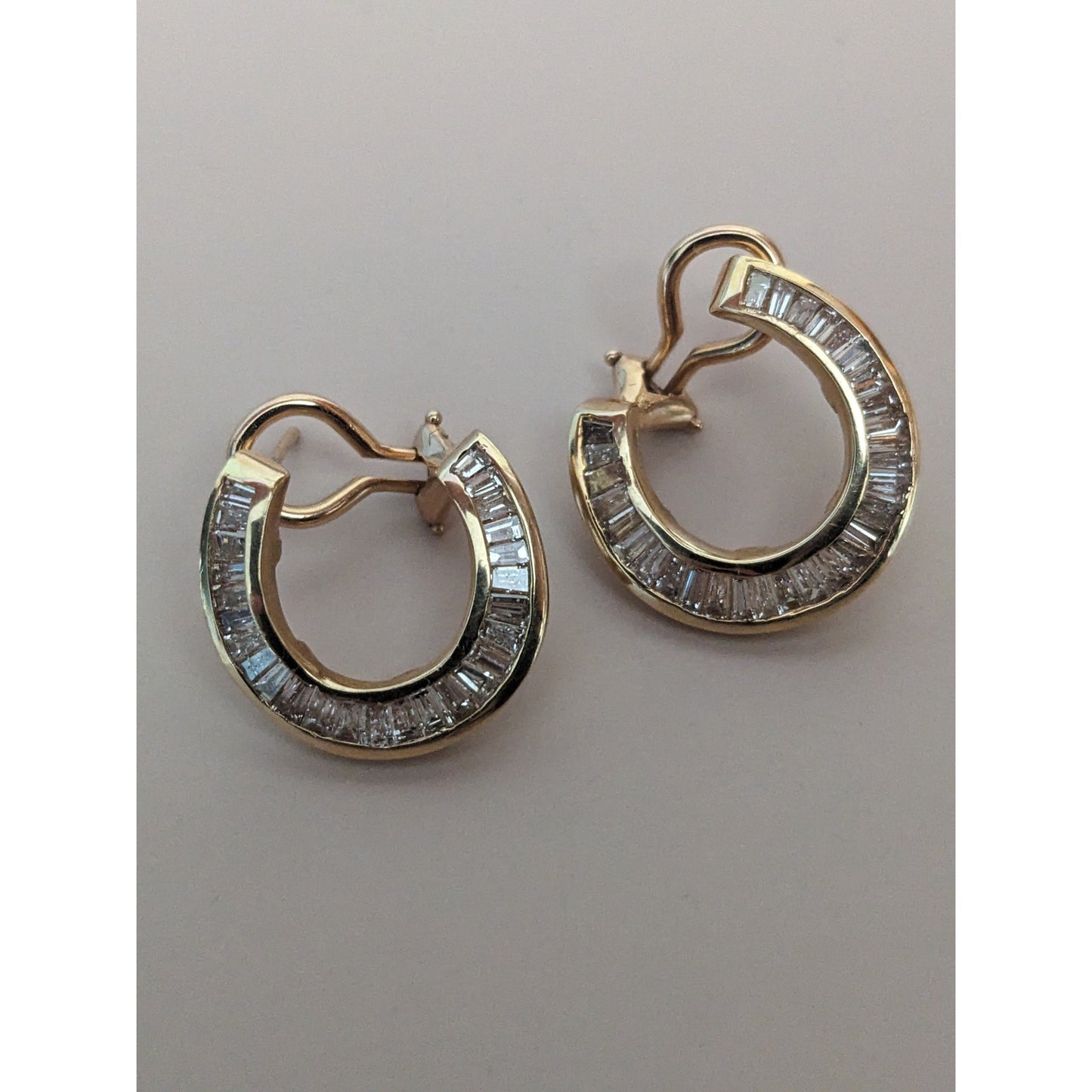 Estate 14k Yellow Gold Baguette Diamonds Omega Backing Earrings