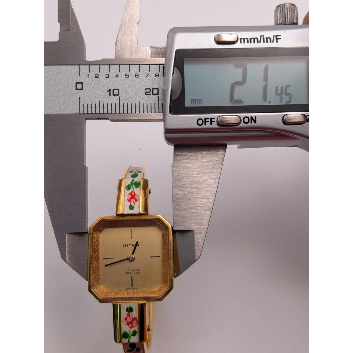 Vintage Ritma MANUAL Gold Tone Bangle Watch White Enamel & Flowers Square Dial
