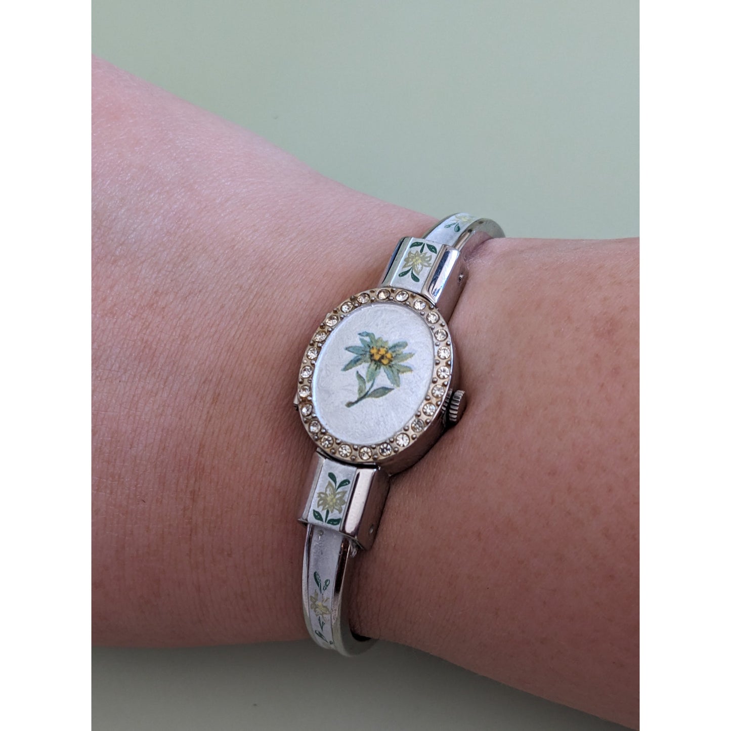 Vintage Andre Mouche Silver Tone Bangle Peekaboo Watch, Silver Enamel