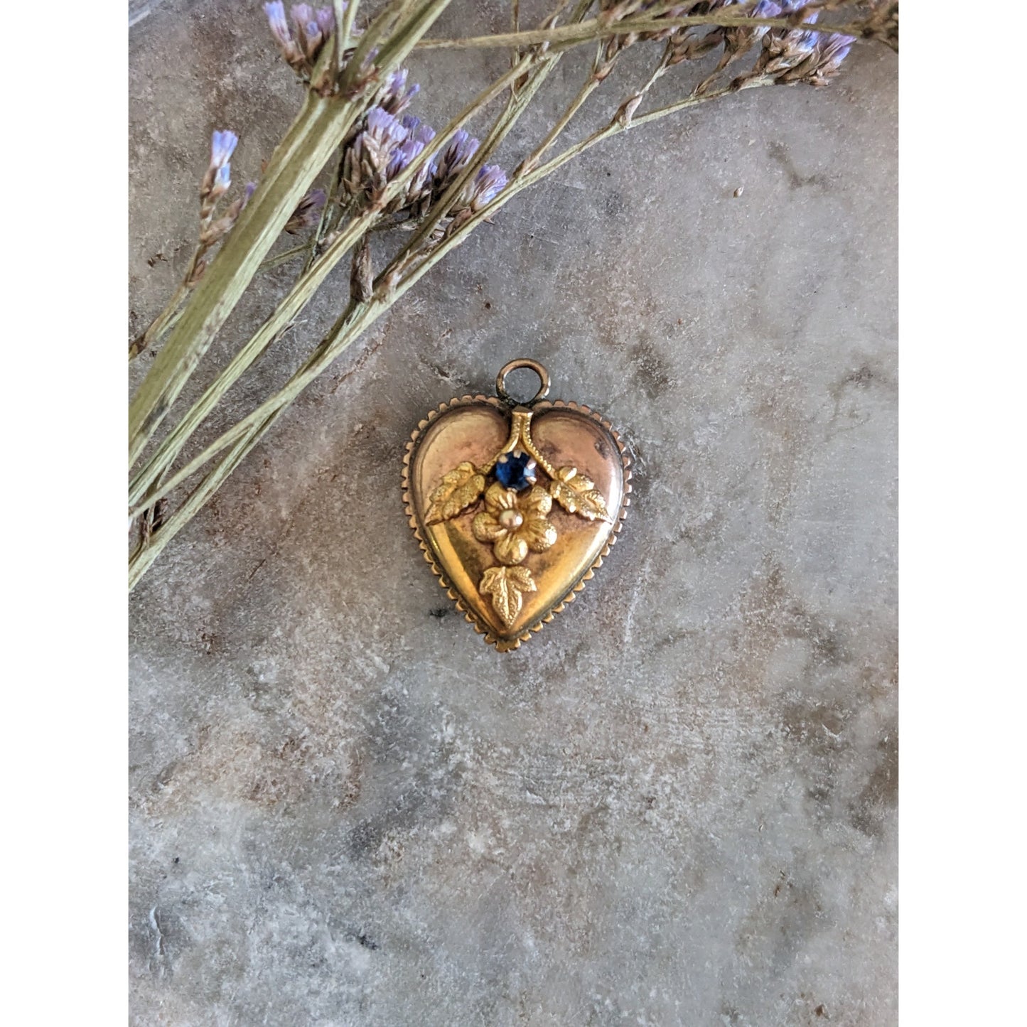Vintage Unmarked 10k Gold Heart Pendant with Flower and Blue Stone