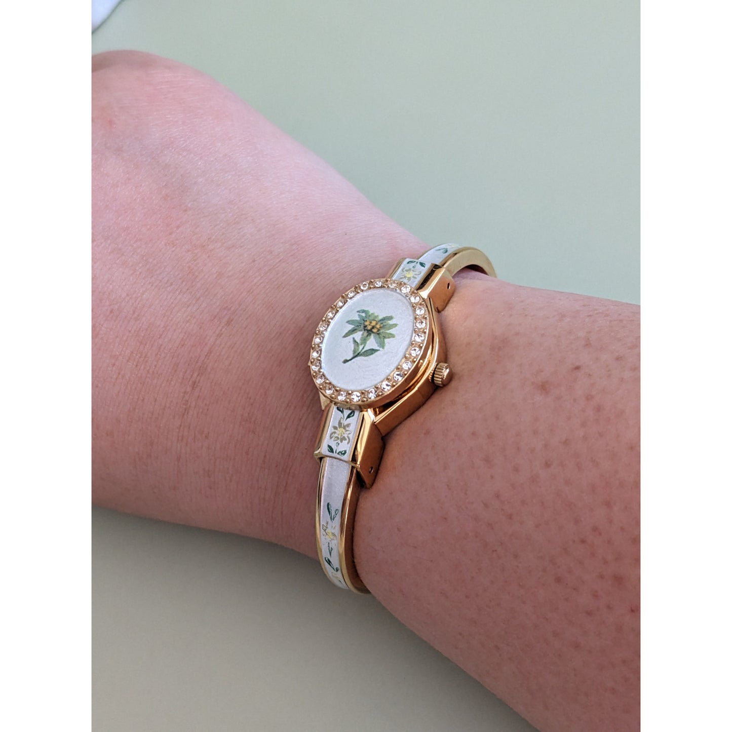 Vintage Andre Mouche Gold Tone Bangle Watch with Silver Floral Enamel Working