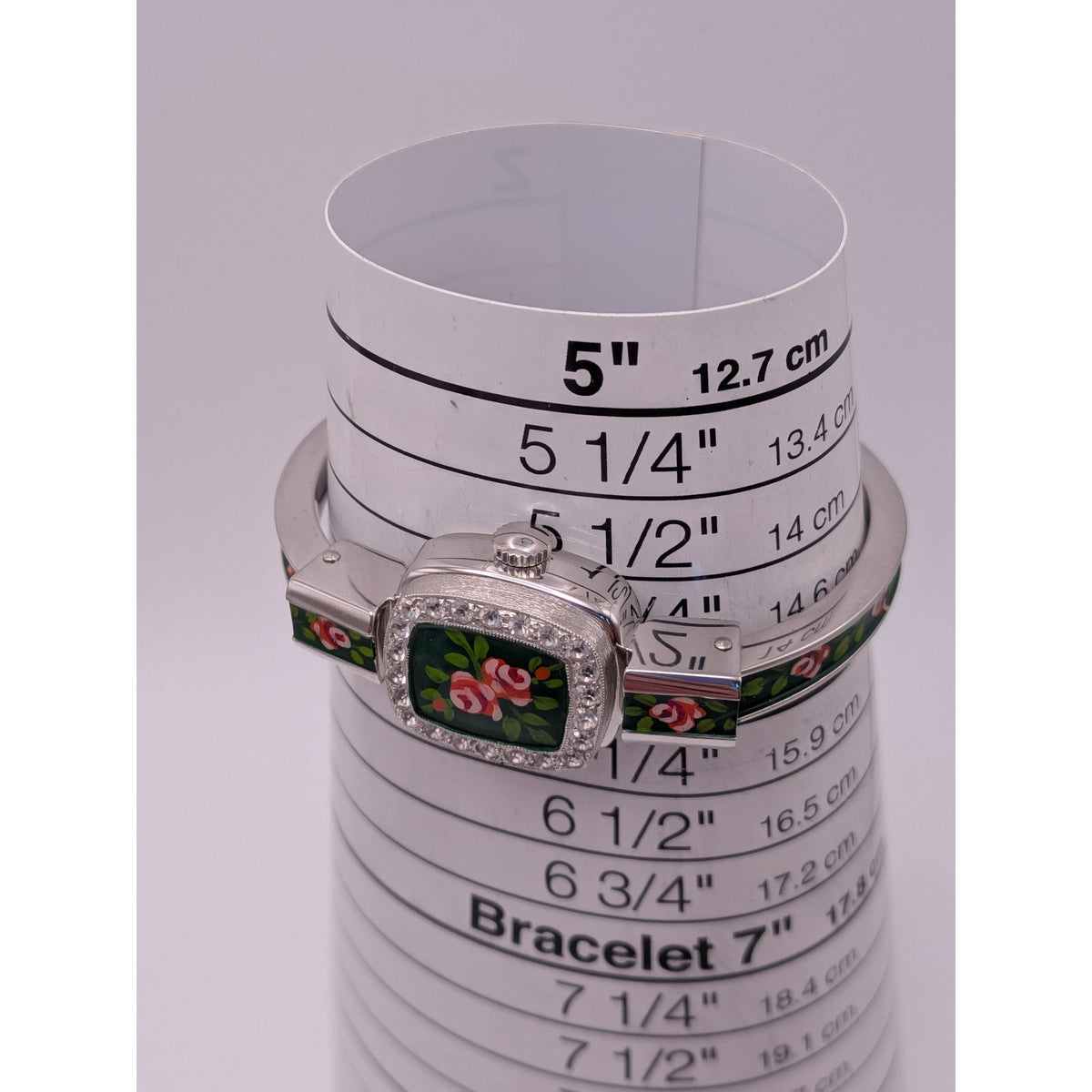 Vintage Chandler MANUAL Silver Tone Peekaboo Watch Dark Green Enamel & Flowers