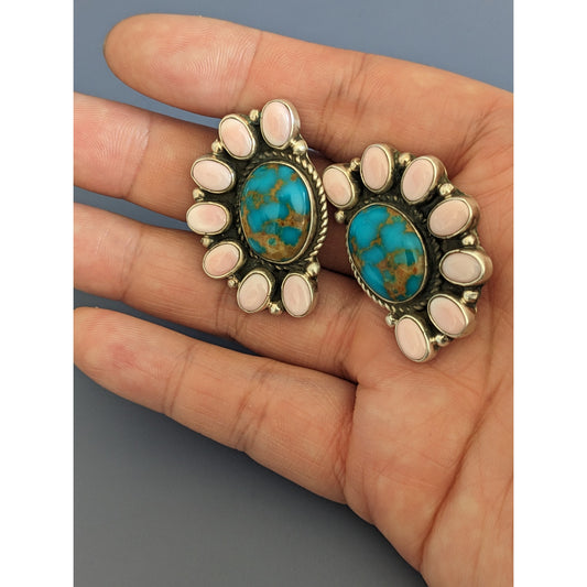 Estate G James 925 Sterling Silver Navajo Turquoise, Pink Conch Cluster Earrings