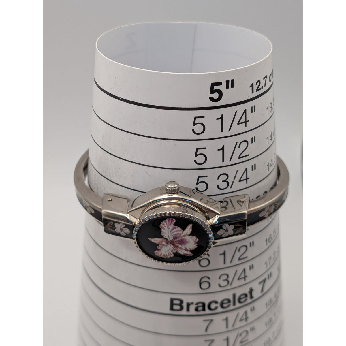 Vintage Andre Mouche Silver Tone Peekaboo Watch Black Enamel Purple Flower