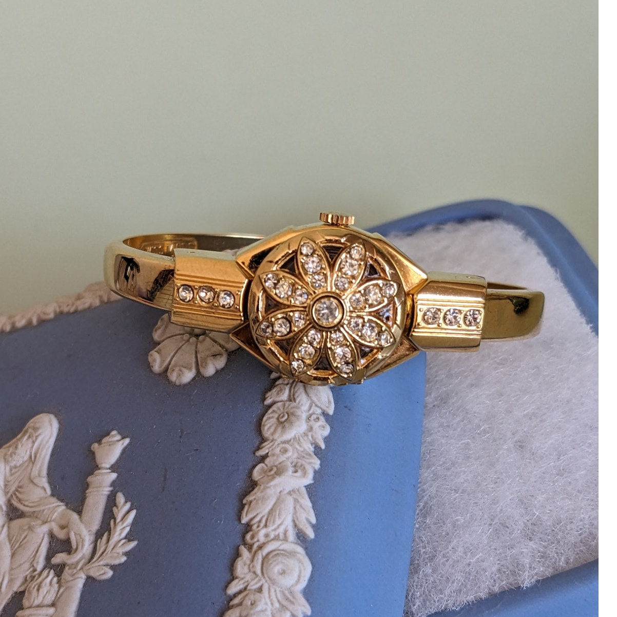 Vintage Hanowa Swiss Gold Tone Metal Bangle Watch with Flower Rhinestone