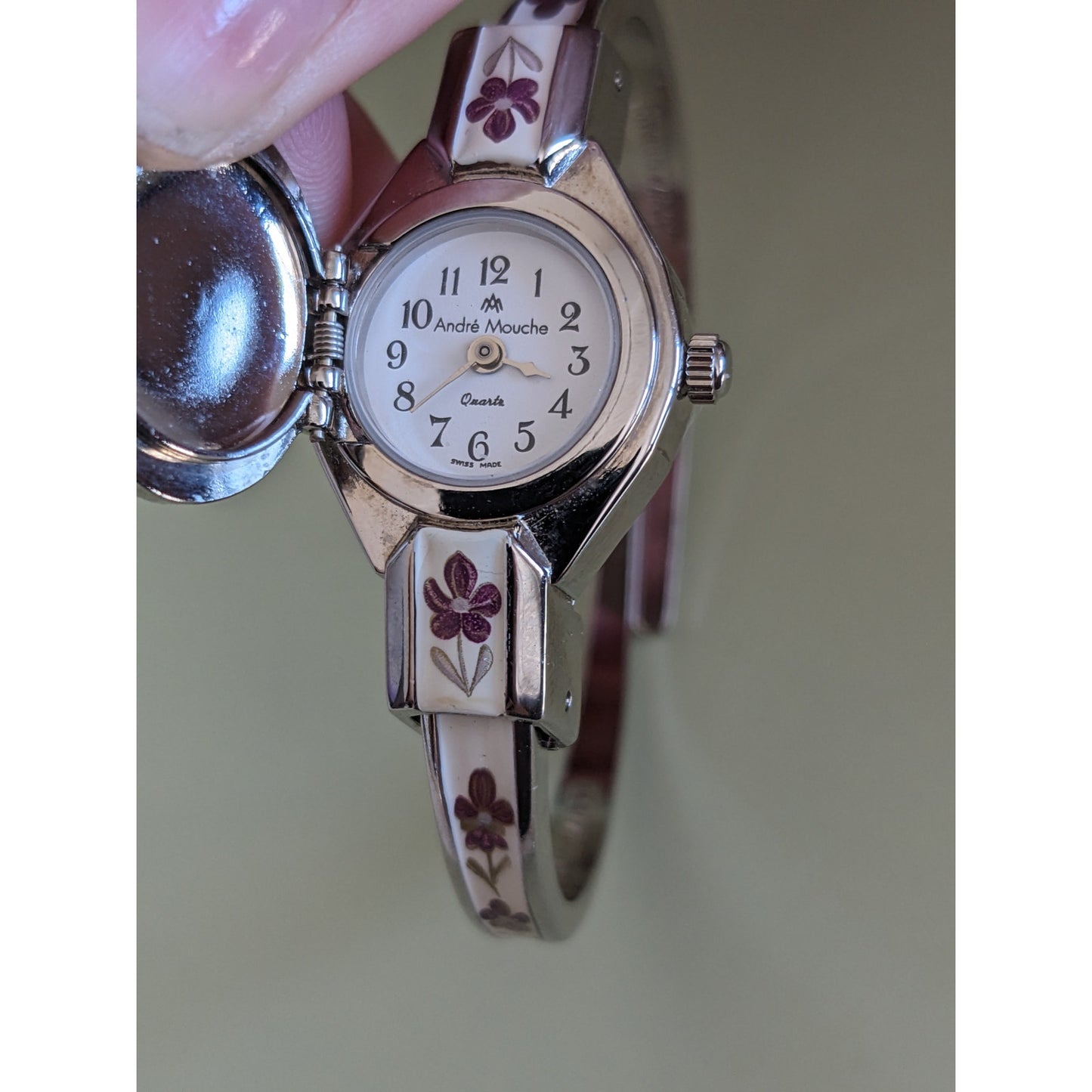 Vintage Andre Mouche Peekaboo Bangle Watch White Enamel Purple Flowers