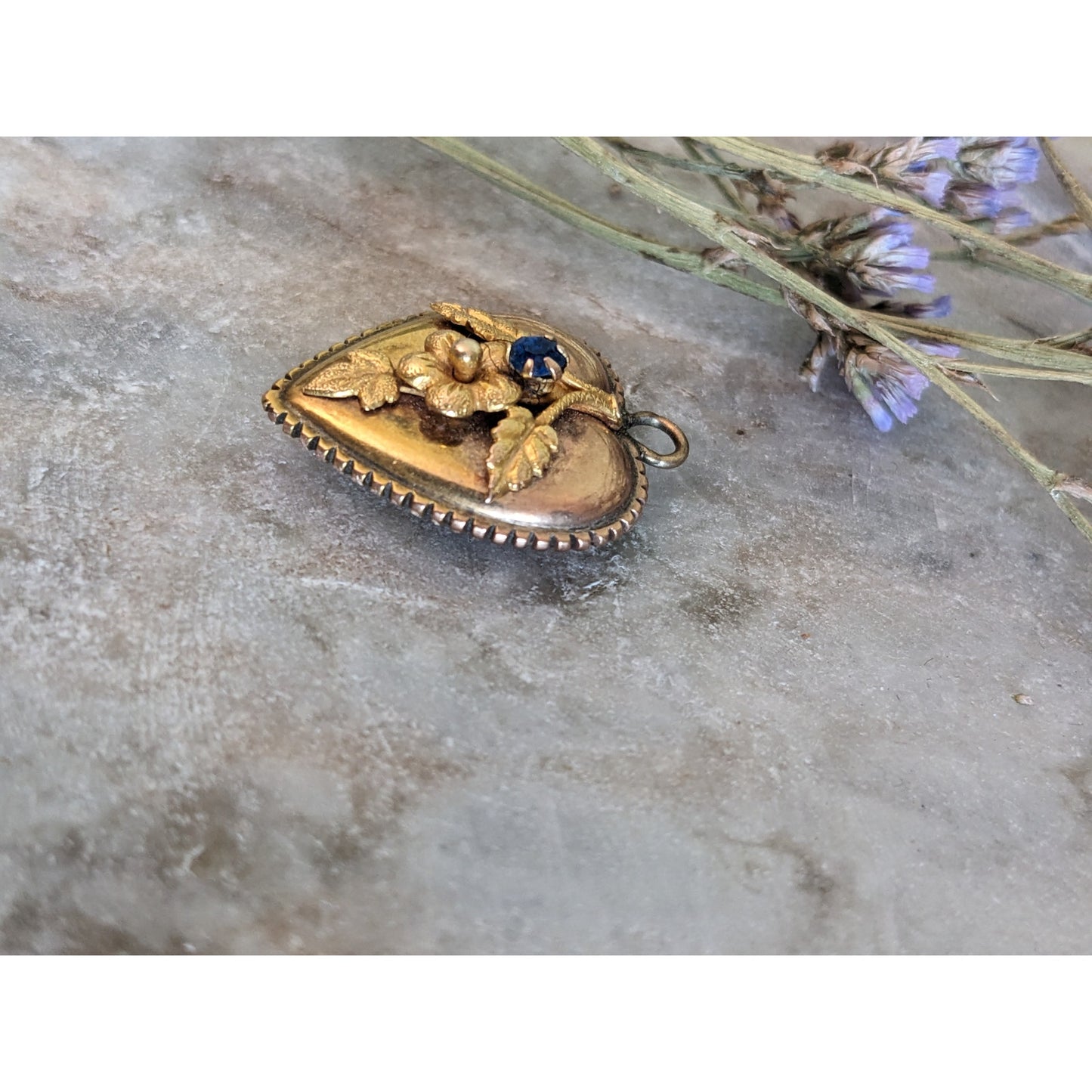 Vintage Unmarked 10k Gold Heart Pendant with Flower and Blue Stone