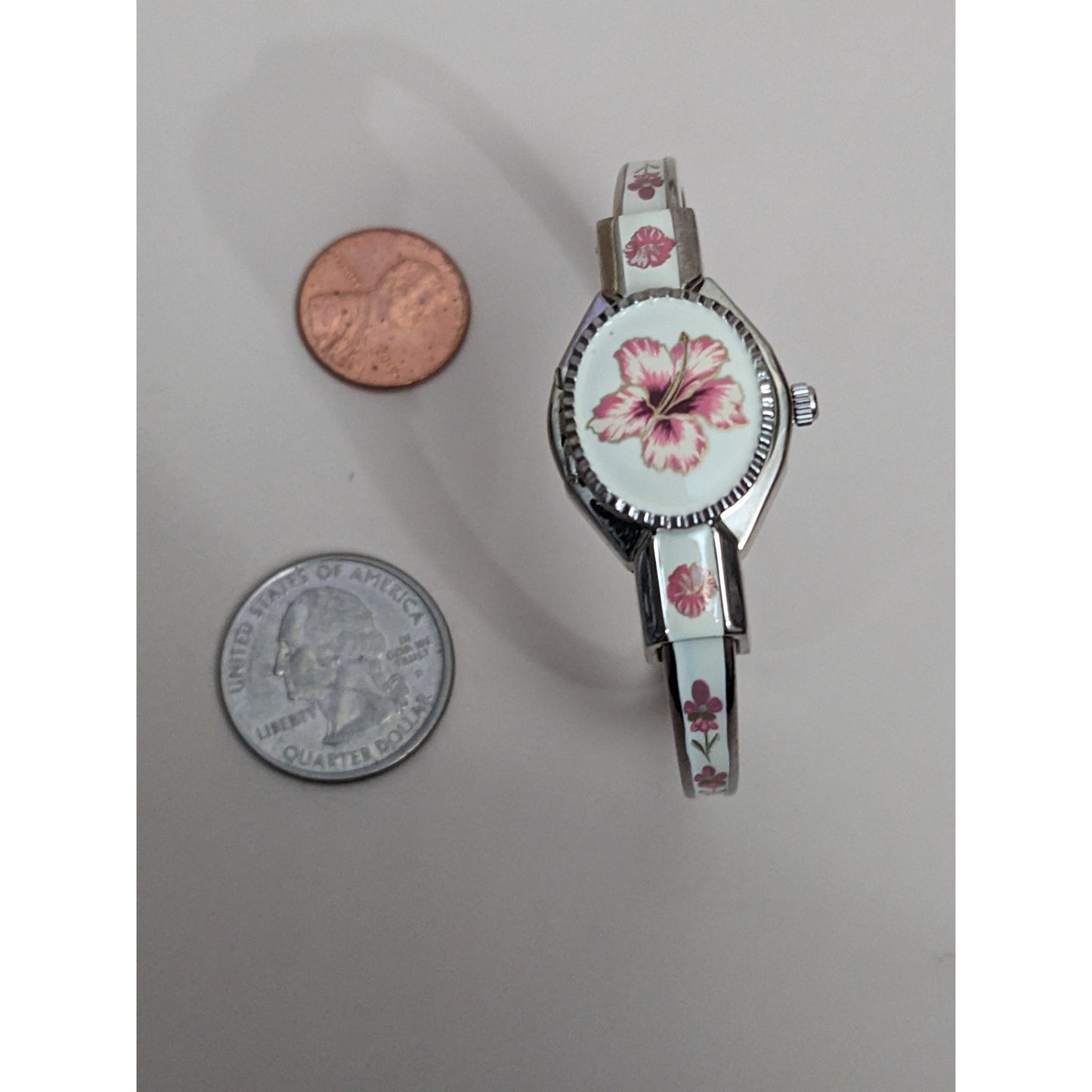 Vintage Andre Mouche Silver Tone Peekaboo Watch Off White Enamel Pink Flowers
