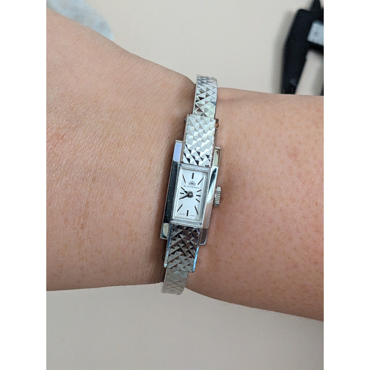 Vintage Andre Mouche Silver Tone Bangle Watch with Blue Floral Enamel Working