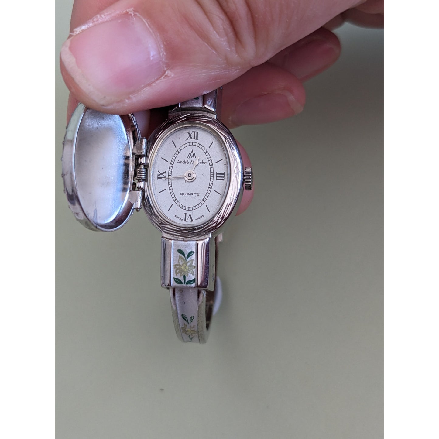 Vintage Andre Mouche Silver Tone Bangle Peekaboo Watch, Silver Enamel