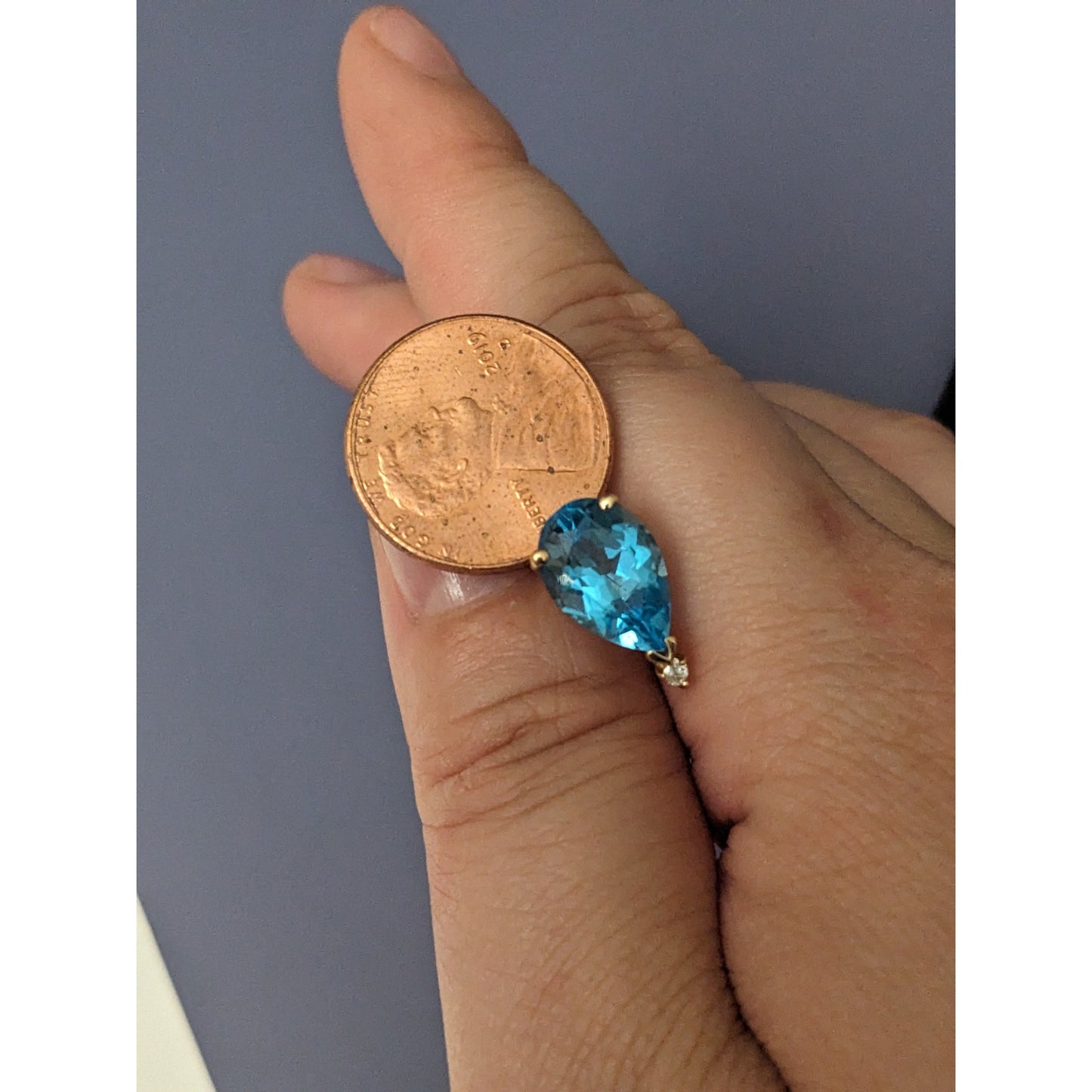 Estate Blue Gem 14k Yellow Gold Pear Shaped Studs with Diamond Accent