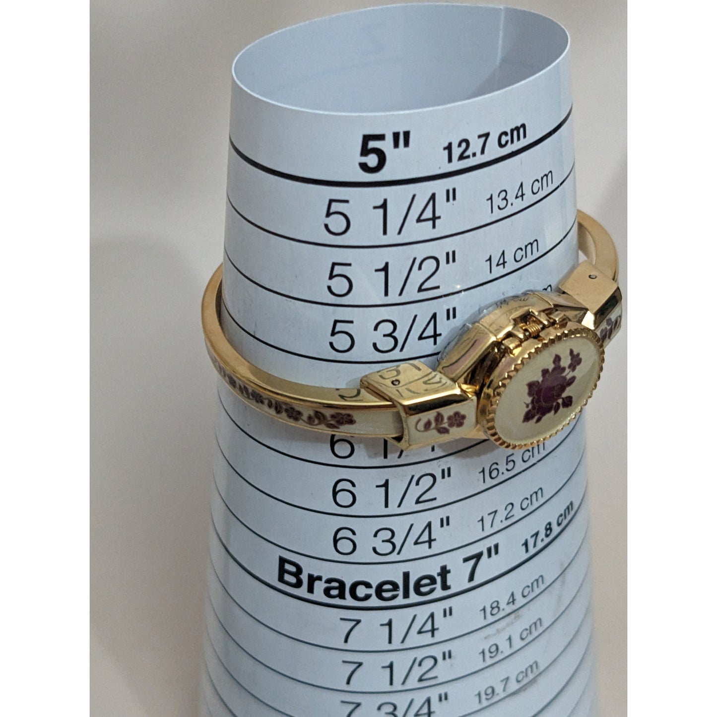 Vintage Andre Mouche Gold Tone Peekaboo Watch Creamy Enamel Red Flowers