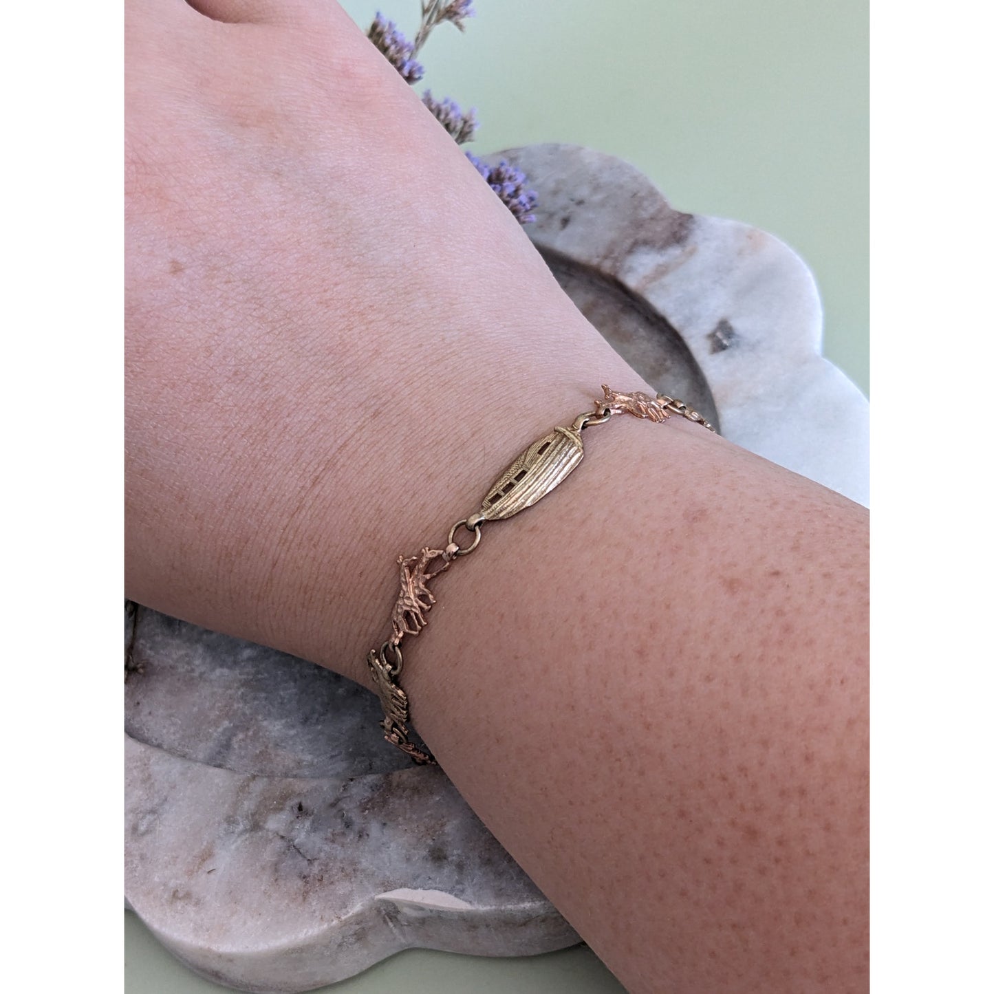 Vintage 10k Yellow & Rose Gold Noah's Ark Charm Bracelet 7in