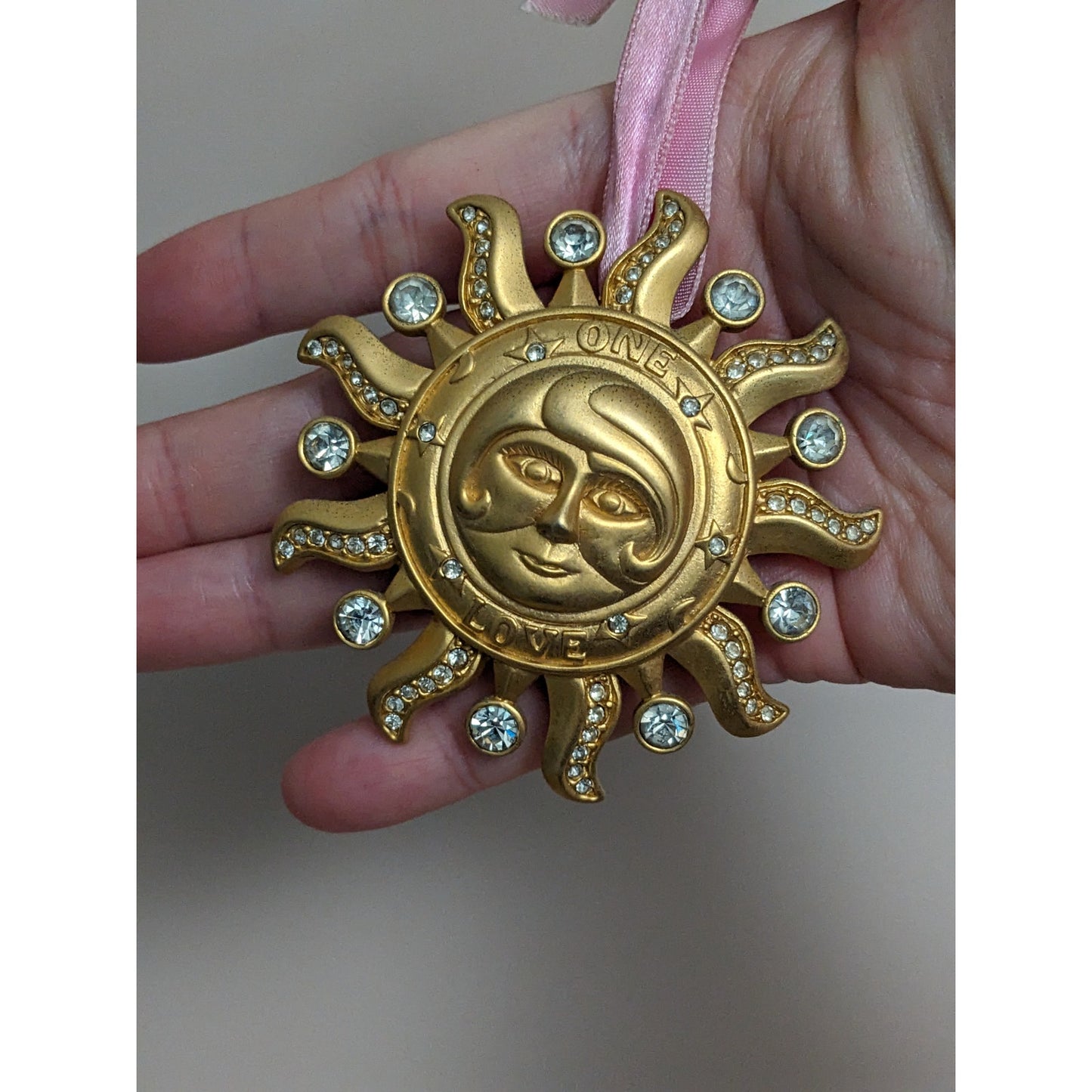 Vintage Kirks Folly Gold Tone Sun Face One Love Brooch/Pendant