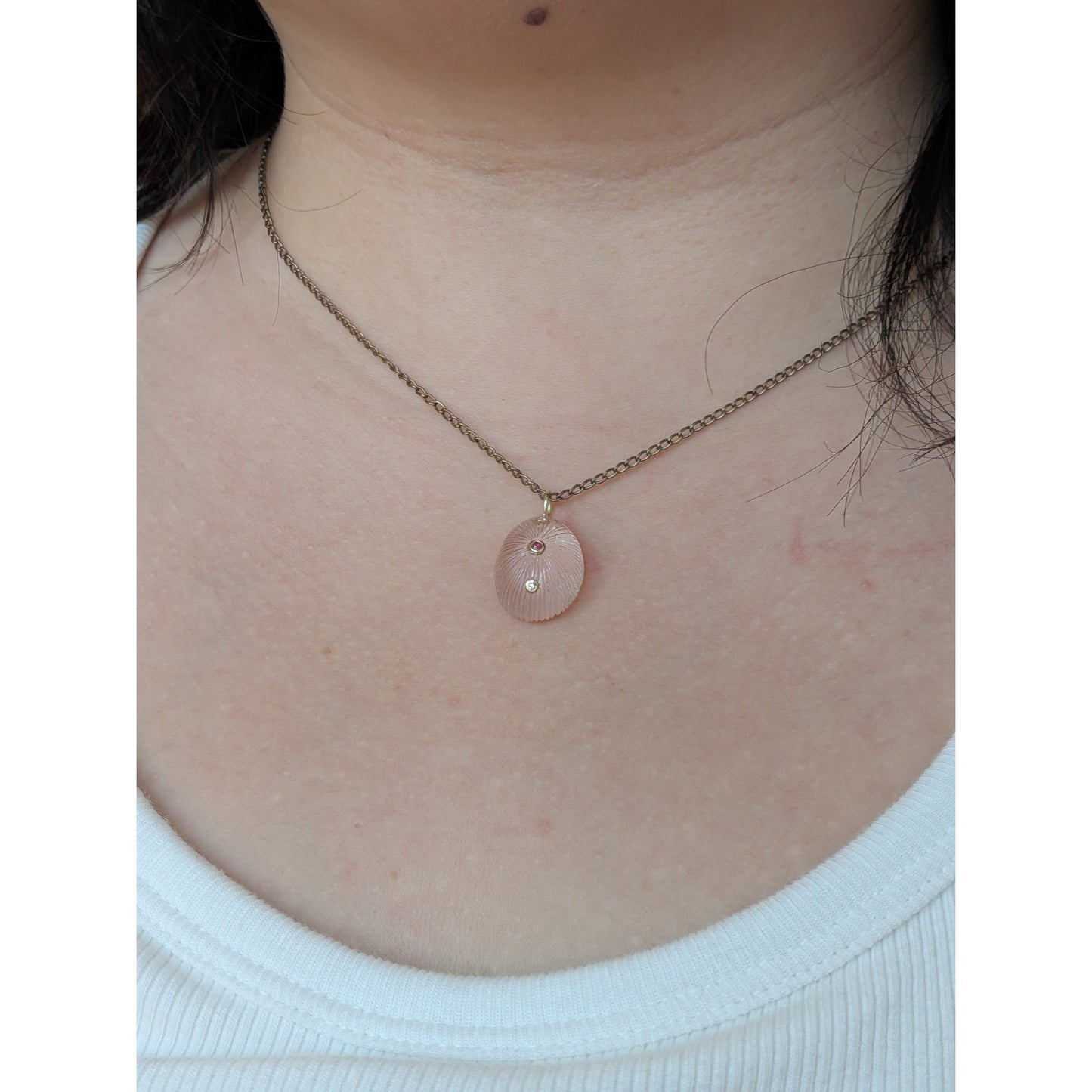 14K Gold Carved Fluted Rose Quartz Pendant w/ Natural Ruby & Diamond Accents
